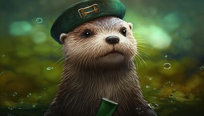 Beautiful Saint Patrick's Day Parade Celebrating Cute Creatures and Nature: Animal Otter Cinematic in Festive Green Attire Celebration of Irish Culture and Happiness (generative AI)
