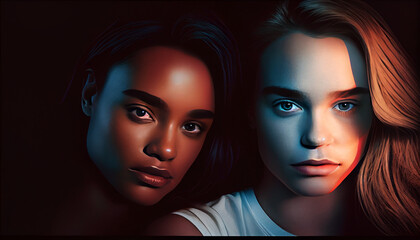 Obraz premium Lesbian, Beauty woman, Lesbian activist for lgbtq rights, rainbow flag, queers diverse people of lesbian community, by generative AI