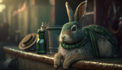 Fototapeta premium Beautiful Saint Patrick's Day Parade Celebrating Cute Creatures and Nature: Animal Rabbit Cinematic in Festive Green Attire Celebration of Irish Culture and Happiness (generative AI)