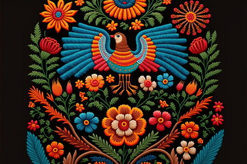 Traditional Mexican embroidery with wondrous textile featuring symmetric intricate patterns of seamless colorful birds and flowers as decorative artwork by Generative AI.