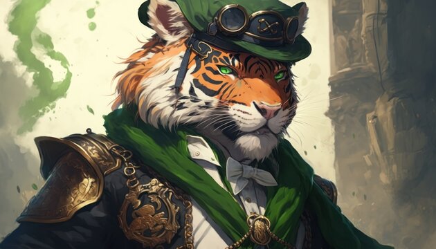 Beautiful Saint Patrick's Day Parade Celebrating Cute Creatures and Nature: Animal Tiger Anime in Festive Green Attire Celebration of Irish Culture and Happiness (generative AI)