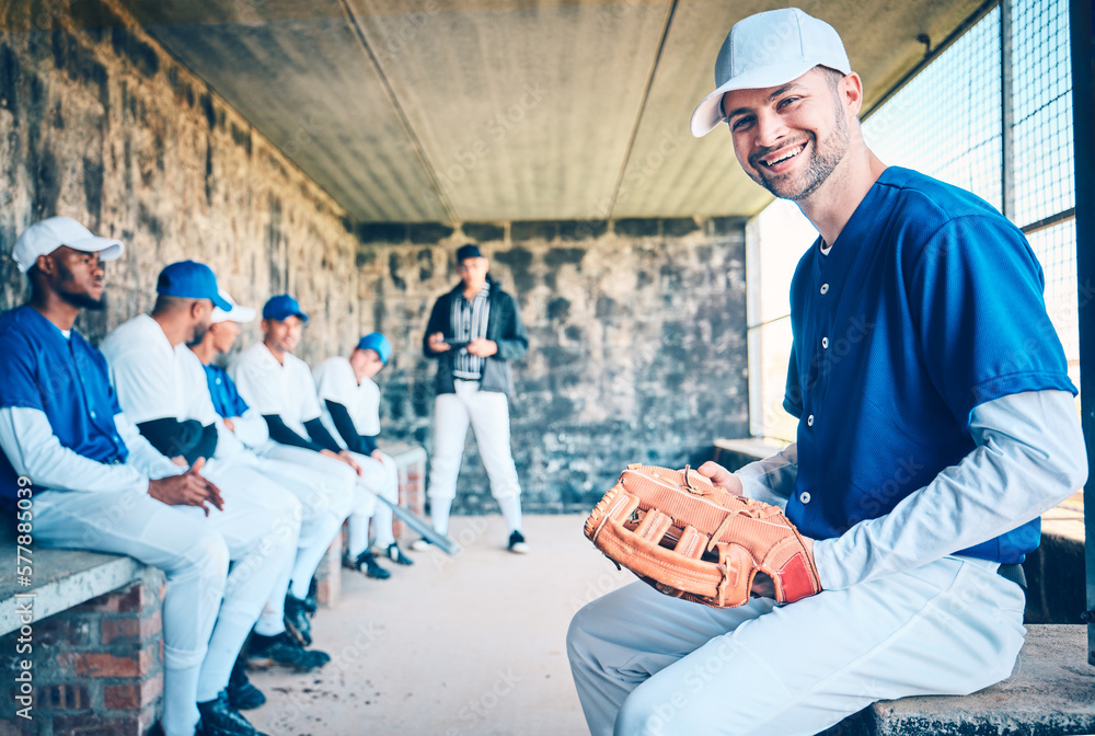 Sticker Baseball player, sport dugout and portrait of a man with sports team with happiness from game. Happy, smile and athlete from Spain feeling happy from exercise, fitness and group training for softball