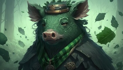 Beautiful Saint Patrick's Day Parade Celebrating Cute Creatures and Nature: Animal Wild Boar Anime in Festive Green Attire Celebration of Irish Culture and Happiness (generative AI)