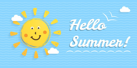 Hello Summer - the sun with clouds on blue background