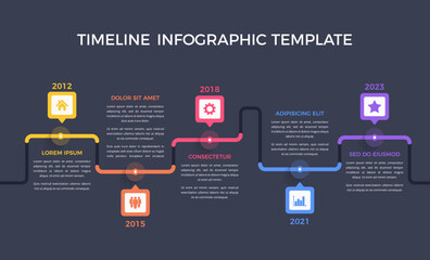 Horizontal timeline template with five elements on dark background