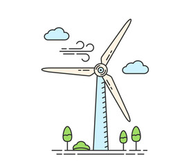 Wind energy concept - wind turbine with trees and clouds