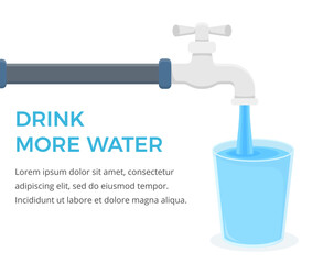 Tap with glass filled with water, drink more water concept