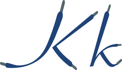 K letter. Blue Sport alphabet formed by shoe lace. Vector handwritten script font can be used for workout labels, race headlines, fitness posters, delivery cards. Alphabet fonts set.