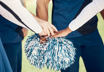 Cheerleader, sports motivation or hands in huddle with support, hope or faith on field in game....