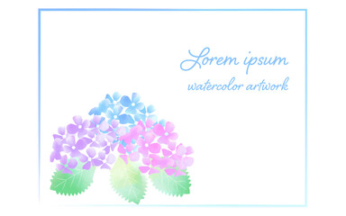 水彩タッチのグラデーションカラーのあじさいと水彩で描いた線のフレームイラスト