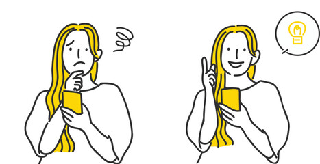 スマホを操作する困った顔とわかった顔の女性のイラストのセット