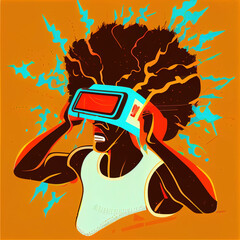 Illustration of afro man  using virtual reality headset, Generative AI.