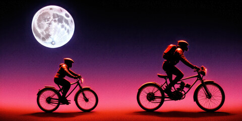 Fototapeta na wymiar Child and adult riding bikes in front of a full moon on a pink grainy gradient background. Generative AI
