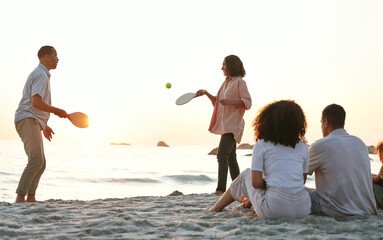Beach, ping pong and family on a summer vacation, adventure or weekend trip in Australia. Travel,...