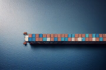 Aerial panorama of a cargo ship carrying container for import and export, business logistic and transportation in open sea with copy space. Generative AI