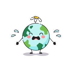 Planet earth is sad and crying. Planet earth character with flower vector illustration isolated on white background.