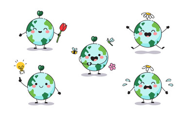 Earth hour day stickers. Cute cartoon planets earth with flowers, heart symbol, smile, tears, plants. Cute modern vector icons for stickers, posters, web banners, posts.