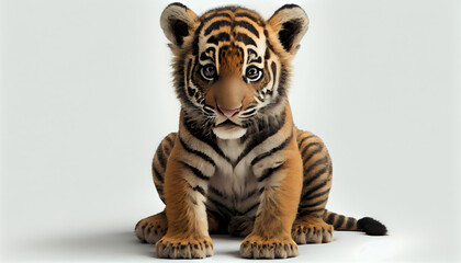 cute baby tiger with white background, safari - obrazy, fototapety, plakaty