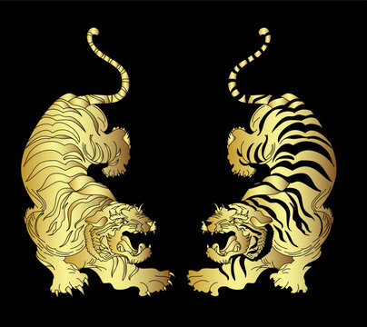 Japanese tiger Sticker tattoo design,Cartoon tiger on black background.Vector.Traditional Japanese culture for printing on background.Tiger vector for coloring book on background.