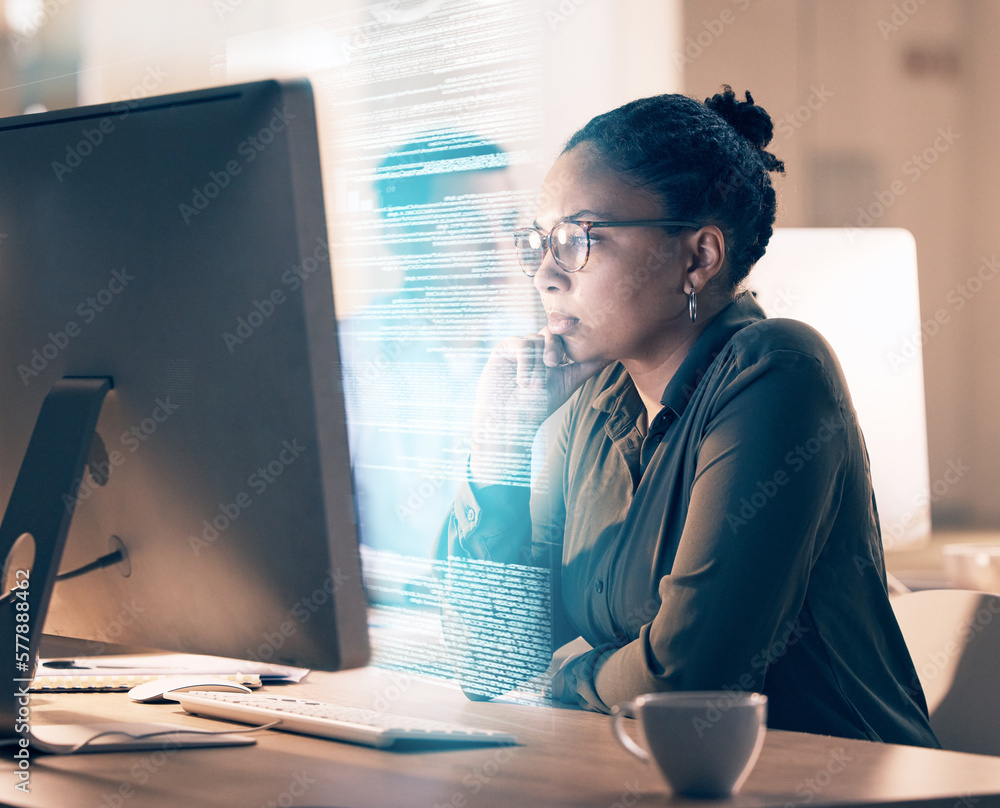Fototapete Overlay, programming and code with a black woman developer thinking while working on a ux, ai or 3d interface. Computer, software and data with a female employee or programmer coding an app at work