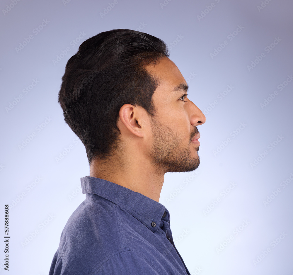 Poster profile, head and thinking with a man in studio on a gray background looking thoughtful or contempla