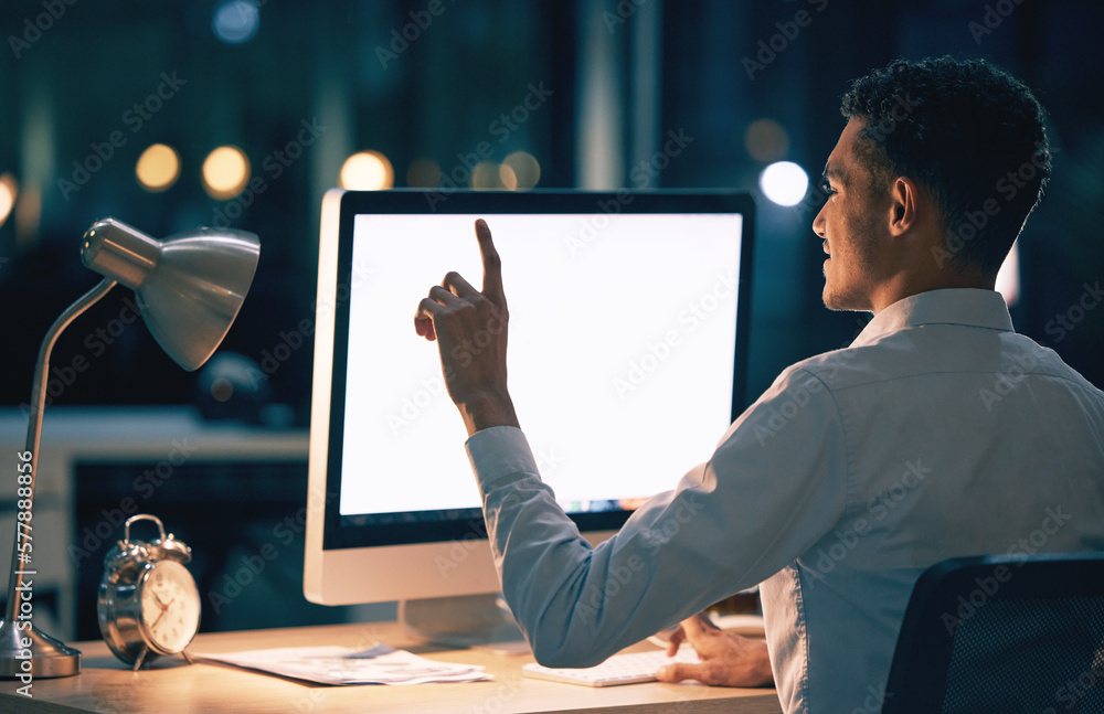 Poster Night, computer screen and man with mockup space for digital interaction, product placement or website design. Business man or professional person on desktop pc in mock up for press or point at app