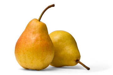 Ripe Yellow Pears Fruits with Stem Isolated on white background with transparent shadow.