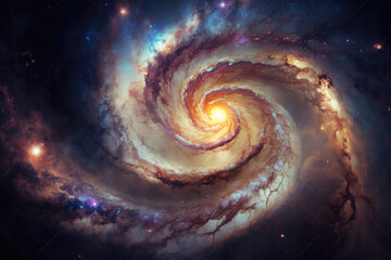 Bright spiral galaxy with stars in space. Galaxy Andromeda sci fi high quality space wallpaper. Elements of this image furnished by NASA, generative AI