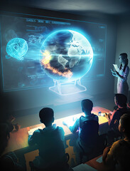 Hologram Teacher is teaching in a futuristic classroom with online digital communication, Generative AI - 577890044