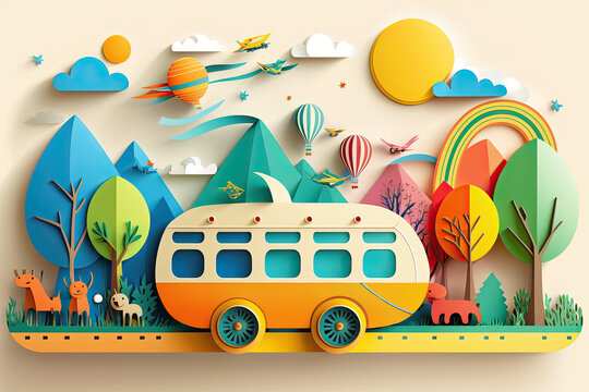 Zafari forest camping cart Paper Cut Poster Background, Generative AI