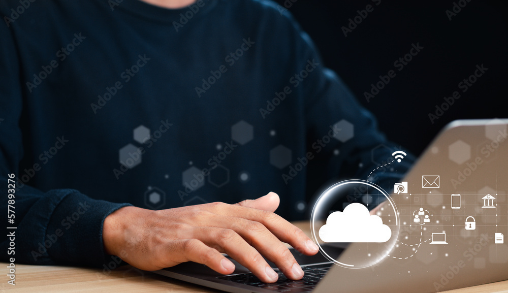 Poster cloud data transfer and online storage for business networks. storage network cloud service concept.