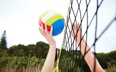 Hands, fitness and beach net volleyball with woman scoring goals in competition, game or match. Sports, training and female athlete holding ball in tournament to score for exercise or workout outdoor