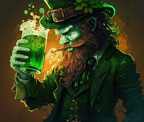 St.Patrick's Day celebration flat anime style background. Leprechaun man in green hat with green beer Generative ai