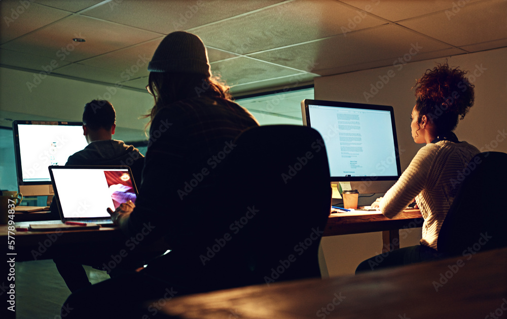 Poster Computer, coworking team or night people programming ERP software, cybersecurity system or online server code. Startup data center, ai developer or back of programmer coding machine learning database
