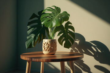 Wooden table with beautiful sunlit green tropical plant leaves and shadows on beige wall. Created with Generative AI Technology