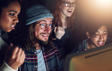 Fototapeta premium Computer, cheers and night team celebrate programming ERP software, cybersecurity success or code completion. Collaboration, ai developer or happy programmer done with coding cloud computing database