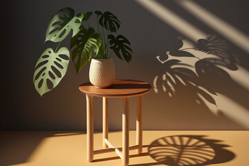 Wooden table with beautiful sunlit green tropical plant leaves and shadows on beige wall. Created with Generative AI Technology