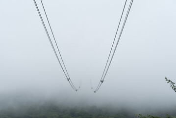 霧の中へ通じるロープウェーのケーブル