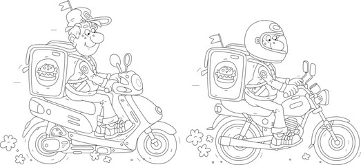 Funny boy courier riding a motorbike and a scooter with a large backpack and delivering ordered goods to waiting customers, black and white vector cartoon illustration for a coloring book