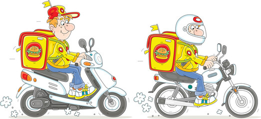 Funny boy courier riding a motorbike and a scooter with a large backpack and delivering ordered goods to waiting customers, vector cartoon illustration isolated on a white background