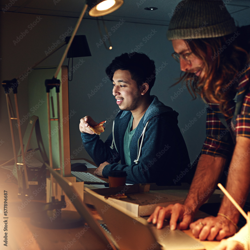 Wall mural coworking office, computer or night students working on web search for university research, digital 