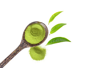 matcha green tea powder in wood spoon isolated on transparent png