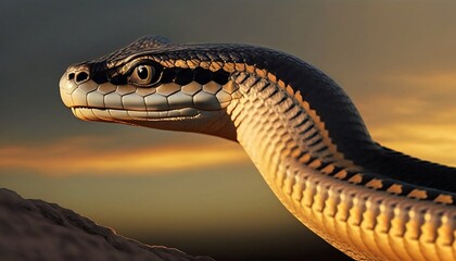 close up of a snake, Cobra side view, golden hour