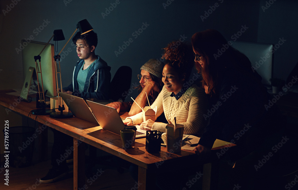 Poster Coworking office, computer reading and team review web design, cloud computing software or app UI system. Website SEO teamwork, media analytics dashboard and face of night people work on UX interface