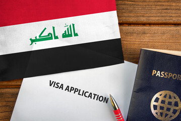 Fototapeta na wymiar Visa application form, passport and flag of Iraq