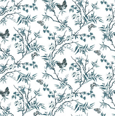 Seamless botanical flowers, butterfly pattern, floral print.