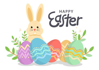 Easter bunny cartoon and eggs in pastel colors