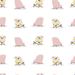 a pattern with cozy armchairs with a spring abstract pattern on a white background, illustrations of chairs with a textured edge.
