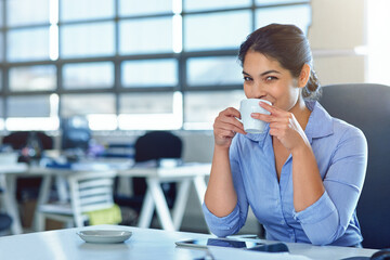 Portrait, business and woman drinking coffee, success and advertising agency with girl in workplace. Face, female manager and leader with tea, skills and confidence with joy, development and office