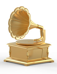 Gold Vintage and classic gramophone isolate. PNG transparency. 